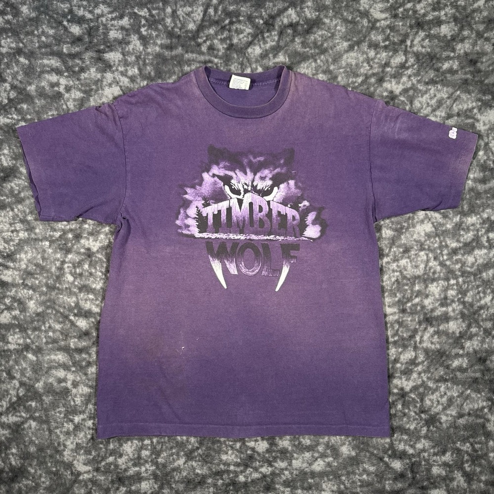 Vintage Worlds Of Fun Timber Wolf TShirt Mens XL Purple 90s Theme Park Tee Jays